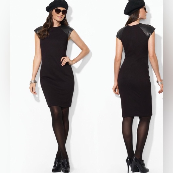 Lauren Ralph Lauren Petite 2P Black Leather-Trim Sheath Dress - Picture 6 of 8